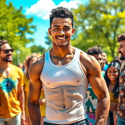 A handsome man with a well-defined six pack, standing confidently among a diverse group of people outdoors