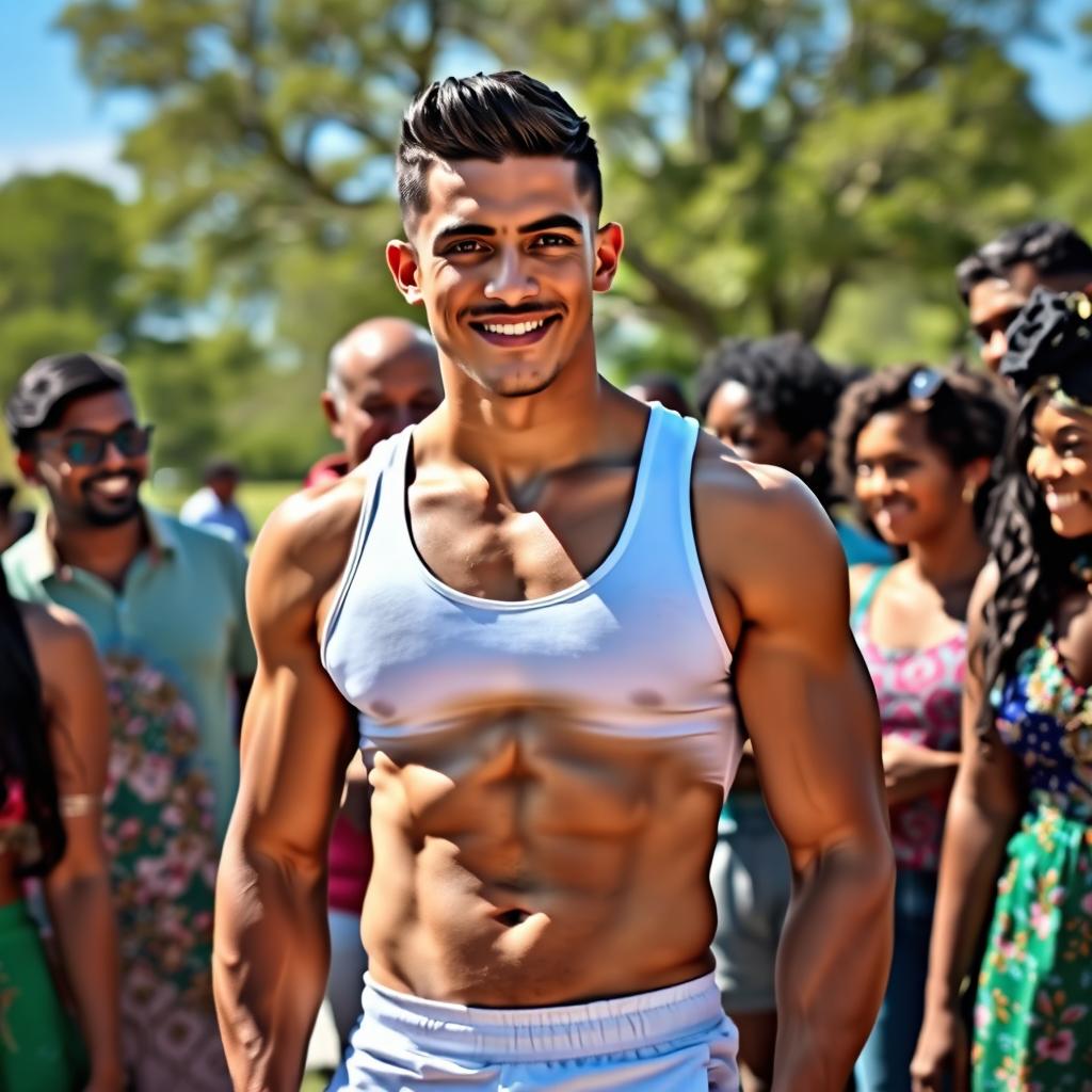 A handsome man with a well-defined six pack, standing confidently among a diverse group of people outdoors