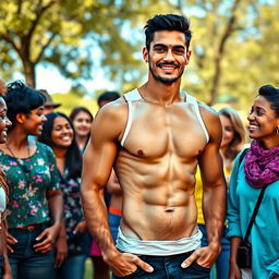 A handsome man with a well-defined six pack, standing confidently among a diverse group of people outdoors