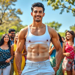 A handsome man with a well-defined six pack, standing confidently among a diverse group of people outdoors
