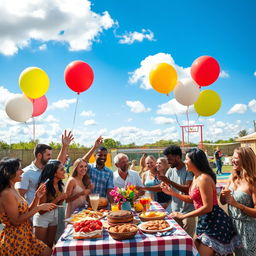 A vibrant outdoor party scene featuring a diverse group of people of various ethnic backgrounds joyfully celebrating