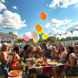 A vibrant outdoor party scene featuring a diverse group of people of various ethnic backgrounds joyfully celebrating