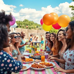 A vibrant outdoor party scene featuring a diverse group of people of various ethnic backgrounds joyfully celebrating