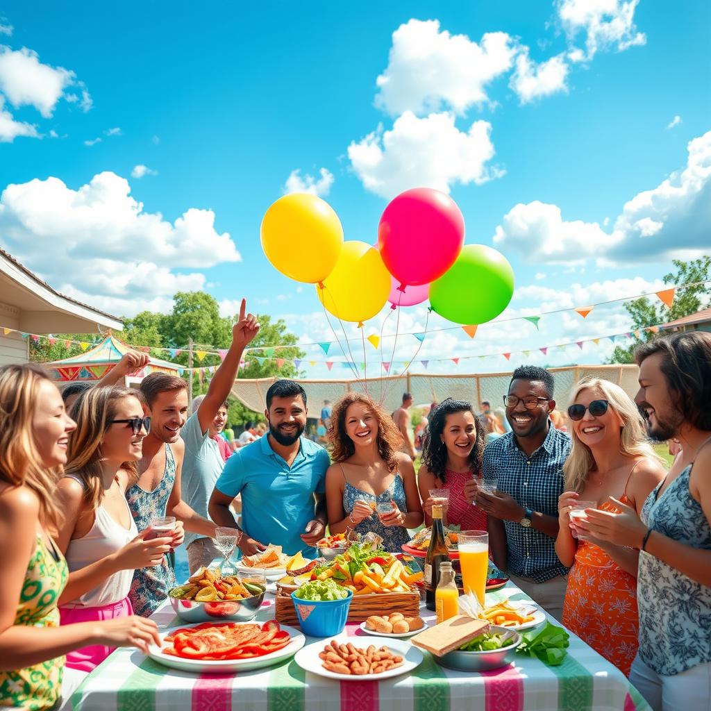 A vibrant outdoor party scene featuring a diverse group of people of various ethnic backgrounds joyfully celebrating