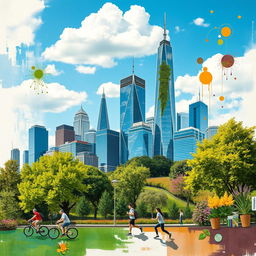 A vibrant digital collage featuring a harmonious blend of urban and nature elements