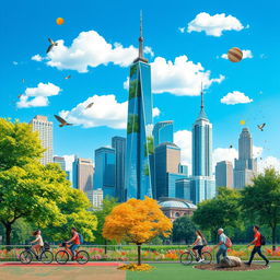 A vibrant digital collage featuring a harmonious blend of urban and nature elements