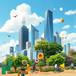A vibrant digital collage featuring a harmonious blend of urban and nature elements