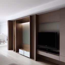 A full-wall TV unit equipped with a mirror-accented wardrobe on the left. The base of the TV unit is composed of numerous covered shelves and drawers optimised for storage.