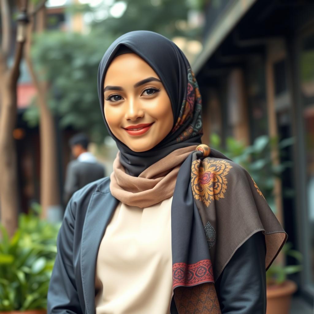 A stylish and confident woman in a hijab, portraying elegance and grace