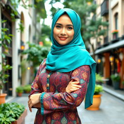 A stylish and confident woman in a hijab, portraying elegance and grace