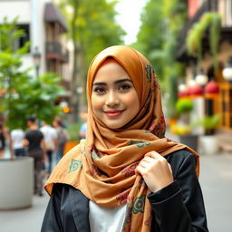 A stylish and confident woman in a hijab, portraying elegance and grace