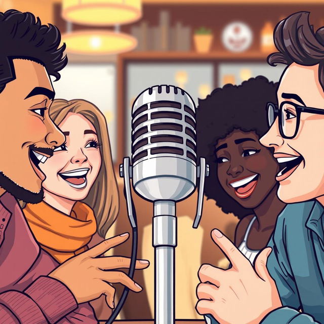 A detailed illustration of a microphone at the center of the image, surrounded by two to three people