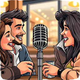 A detailed illustration of a microphone at the center of the image, surrounded by two to three people