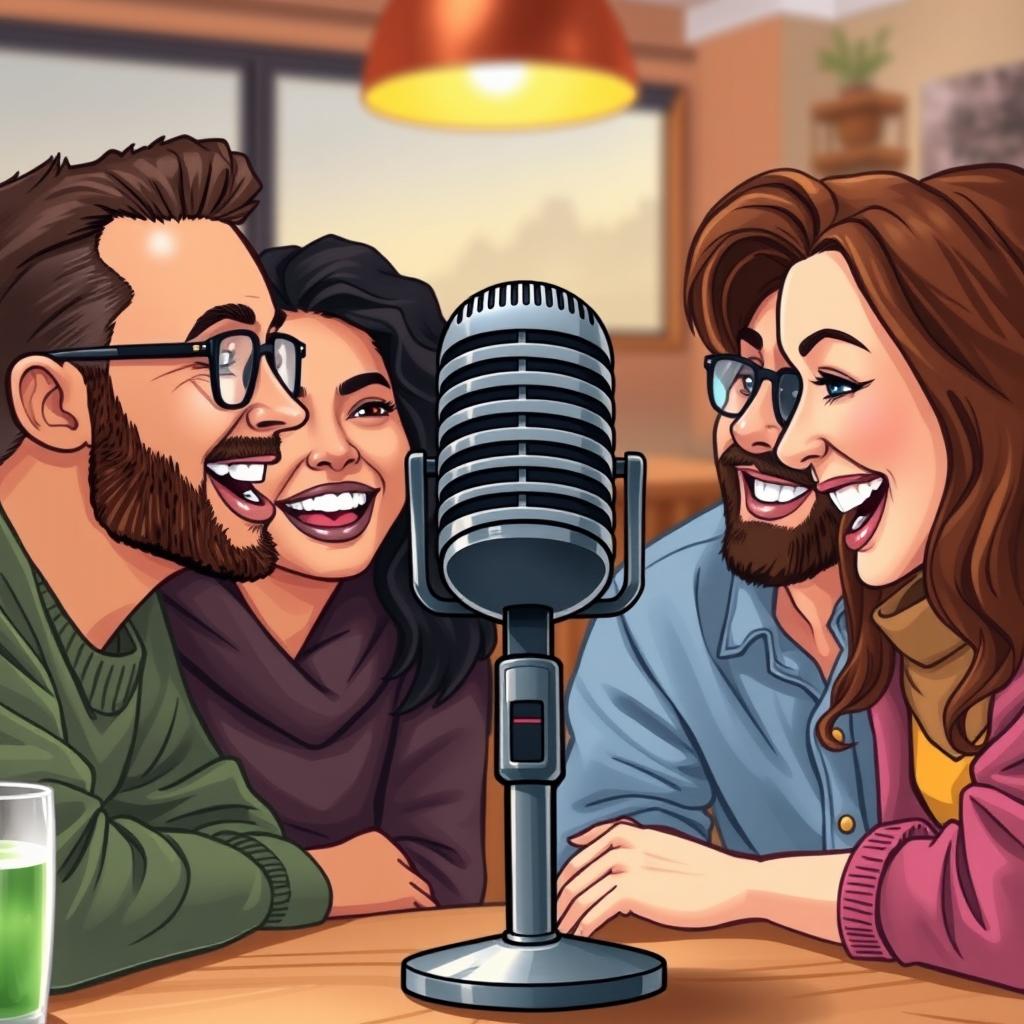 A detailed illustration of a microphone at the center of the image, surrounded by two to three people