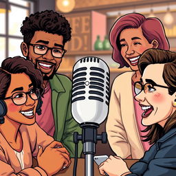 A detailed illustration of a microphone at the center of the image, surrounded by two to three people