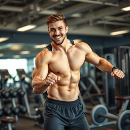 A handsome man with a six-pack abs working out in a modern gym