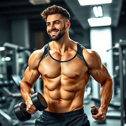 A handsome man with a six-pack abs working out in a modern gym