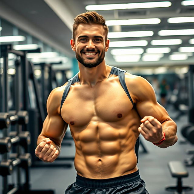 A handsome man with a six-pack abs working out in a modern gym