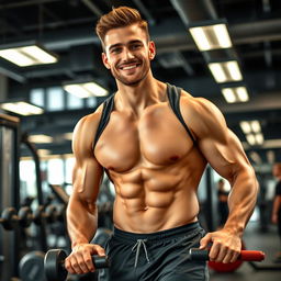 A handsome man with a six-pack abs working out in a modern gym