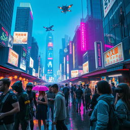 A bustling cyberpunk cityscape at night, illuminated by vibrant neon lights in shades of blue, pink, and purple