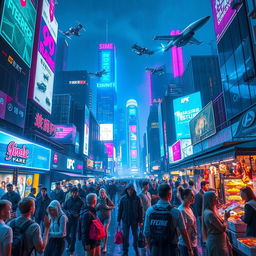 A bustling cyberpunk cityscape at night, illuminated by vibrant neon lights in shades of blue, pink, and purple