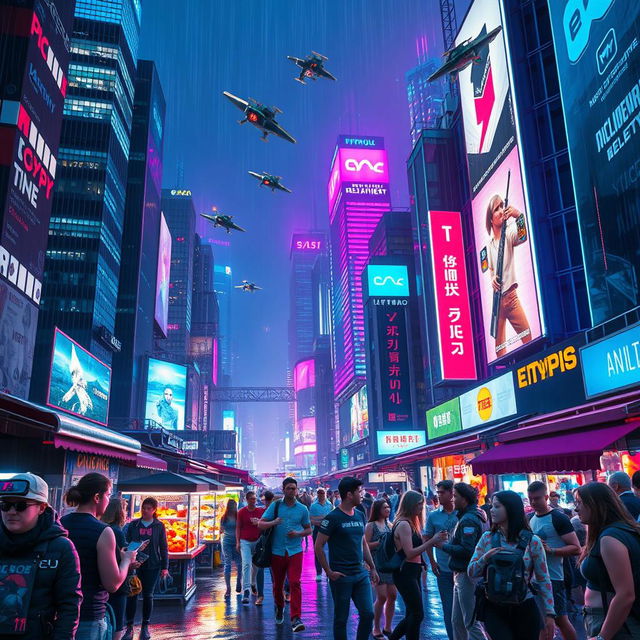 A bustling cyberpunk cityscape at night, illuminated by vibrant neon lights in shades of blue, pink, and purple