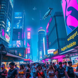 A bustling cyberpunk cityscape at night, illuminated by vibrant neon lights in shades of blue, pink, and purple