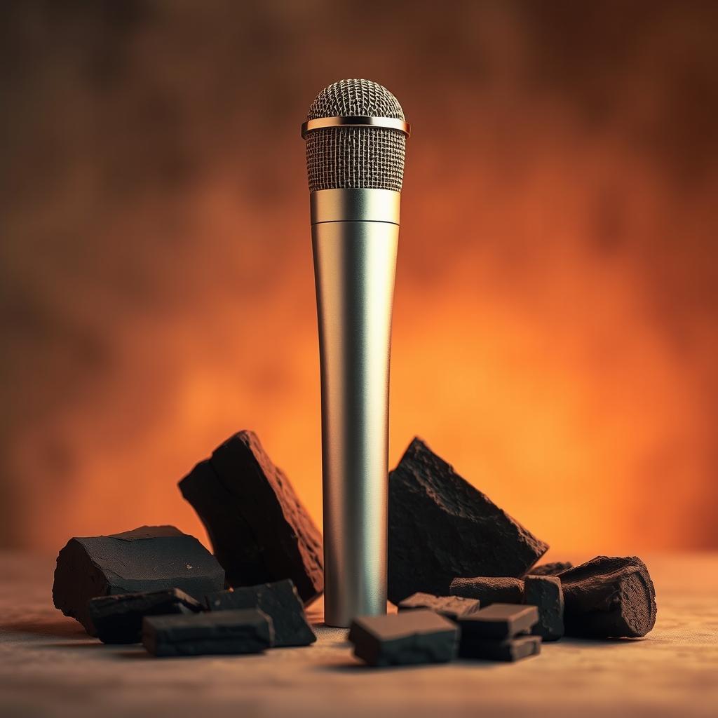 A dynamic composition featuring a sleek microphone alongside several pieces of charcoal