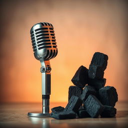 A dynamic composition featuring a sleek microphone alongside several pieces of charcoal