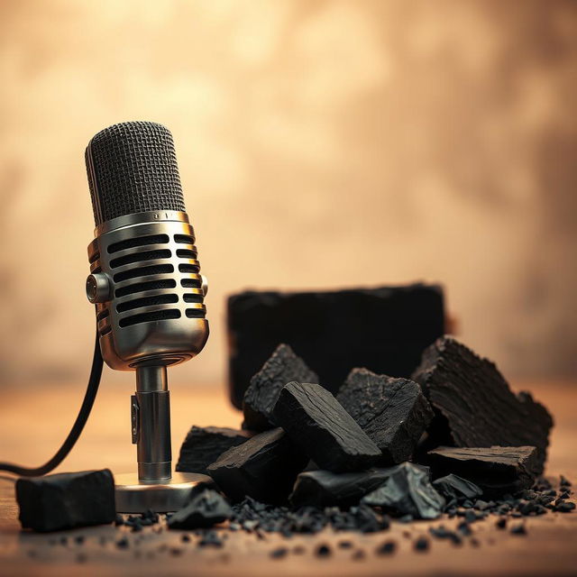 A dynamic composition featuring a sleek microphone alongside several pieces of charcoal