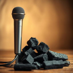 A dynamic composition featuring a sleek microphone alongside several pieces of charcoal