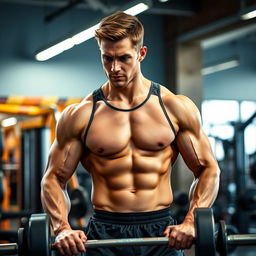 A handsome, tall man with a well-defined six-pack abs, showcasing his muscular physique, dressed in a fitted gym tank top and shorts