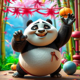 A humorous and cartoonish representation of Kung Fu Panda's father in a comical, exaggerated pose, emphasizing his playful, clumsy nature