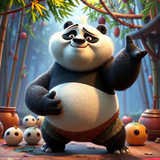 A humorous and cartoonish representation of Kung Fu Panda's father in a comical, exaggerated pose, emphasizing his playful, clumsy nature