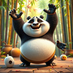A humorous and cartoonish representation of Kung Fu Panda's father in a comical, exaggerated pose, emphasizing his playful, clumsy nature