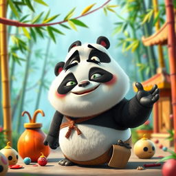 A humorous and cartoonish representation of Kung Fu Panda's father in a comical, exaggerated pose, emphasizing his playful, clumsy nature