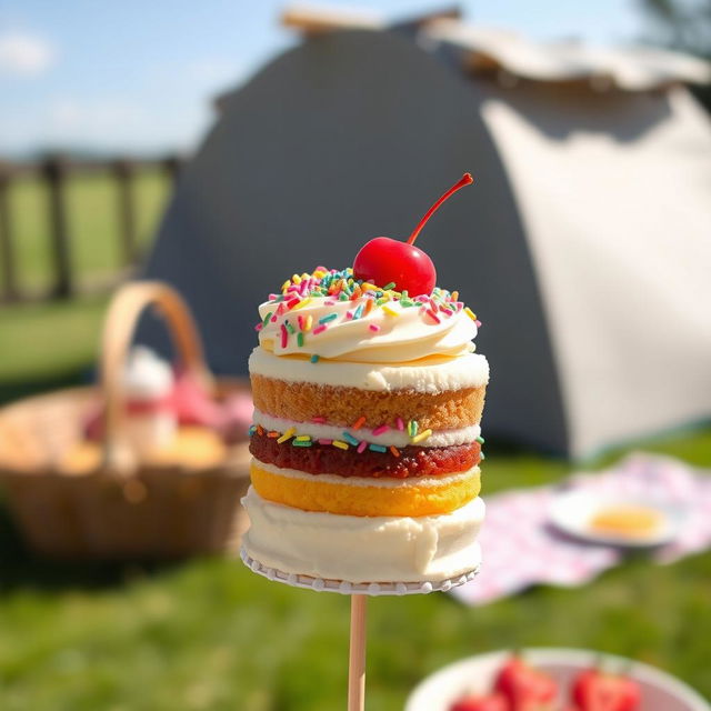 A delicious and colorful cake on a skewer, showcasing layers of vibrant frosting, sprinkles, and a cherry on top