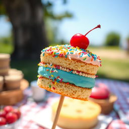 A delicious and colorful cake on a skewer, showcasing layers of vibrant frosting, sprinkles, and a cherry on top
