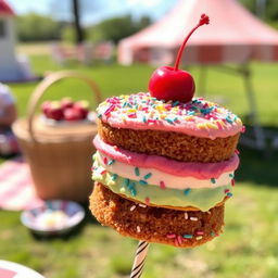 A delicious and colorful cake on a skewer, showcasing layers of vibrant frosting, sprinkles, and a cherry on top