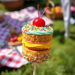A delicious and colorful cake on a skewer, showcasing layers of vibrant frosting, sprinkles, and a cherry on top