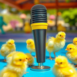 A vibrant scene featuring a black and yellow microphone surrounded by several cute, fluffy chicks