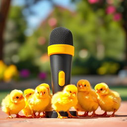 A vibrant scene featuring a black and yellow microphone surrounded by several cute, fluffy chicks