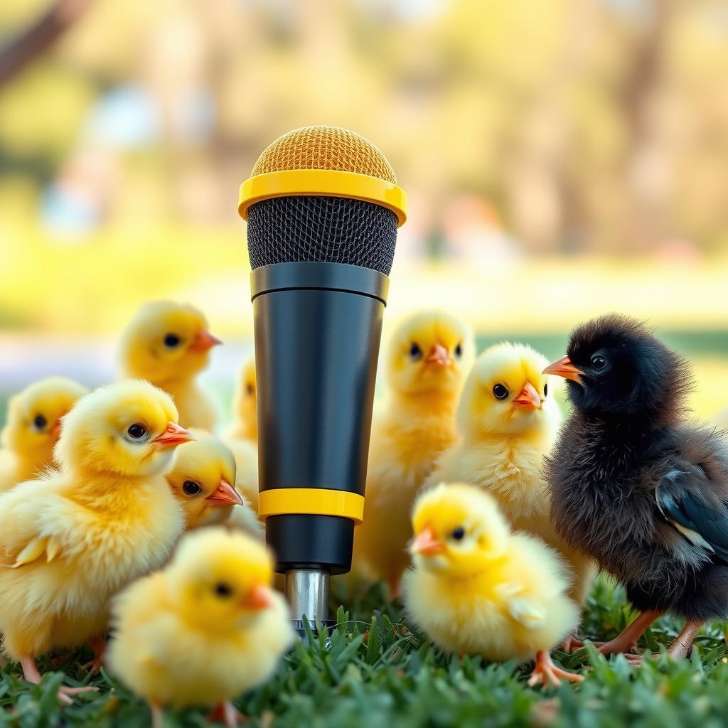 A vibrant scene featuring a black and yellow microphone surrounded by several cute, fluffy chicks