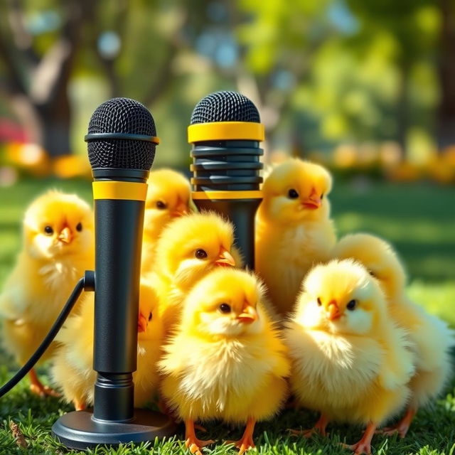 A vibrant scene featuring a black and yellow microphone surrounded by several cute, fluffy chicks