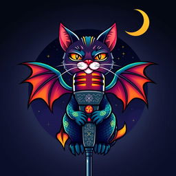 A stylized microphone featuring a cat with dragon-like characteristics, showcasing vibrant colors with shimmering scales and fiery accents