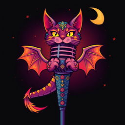 A stylized microphone featuring a cat with dragon-like characteristics, showcasing vibrant colors with shimmering scales and fiery accents