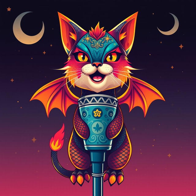 A stylized microphone featuring a cat with dragon-like characteristics, showcasing vibrant colors with shimmering scales and fiery accents