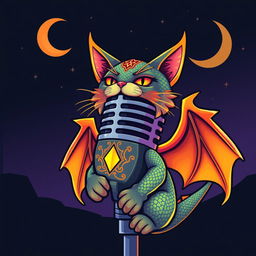 A stylized microphone featuring a cat with dragon-like characteristics, showcasing vibrant colors with shimmering scales and fiery accents