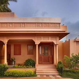 A 1345 sq ft Indian style home, proportioned as 22.5 by 60 feet, with intricate architectural details reflecting traditional Indian aesthetics.