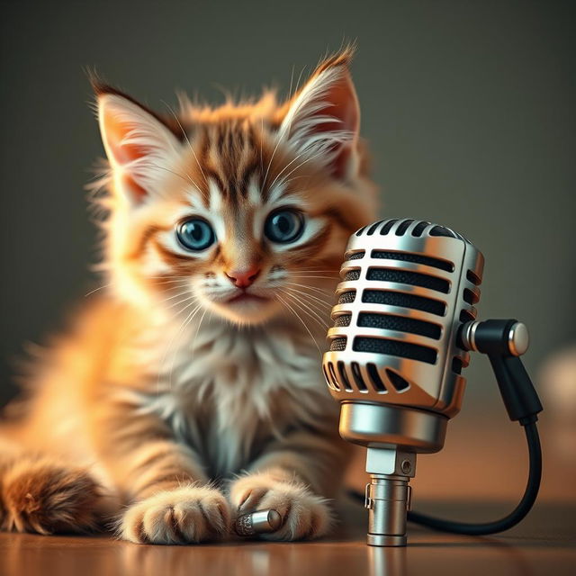 A high-quality microphone with a cute, fluffy cat beside it